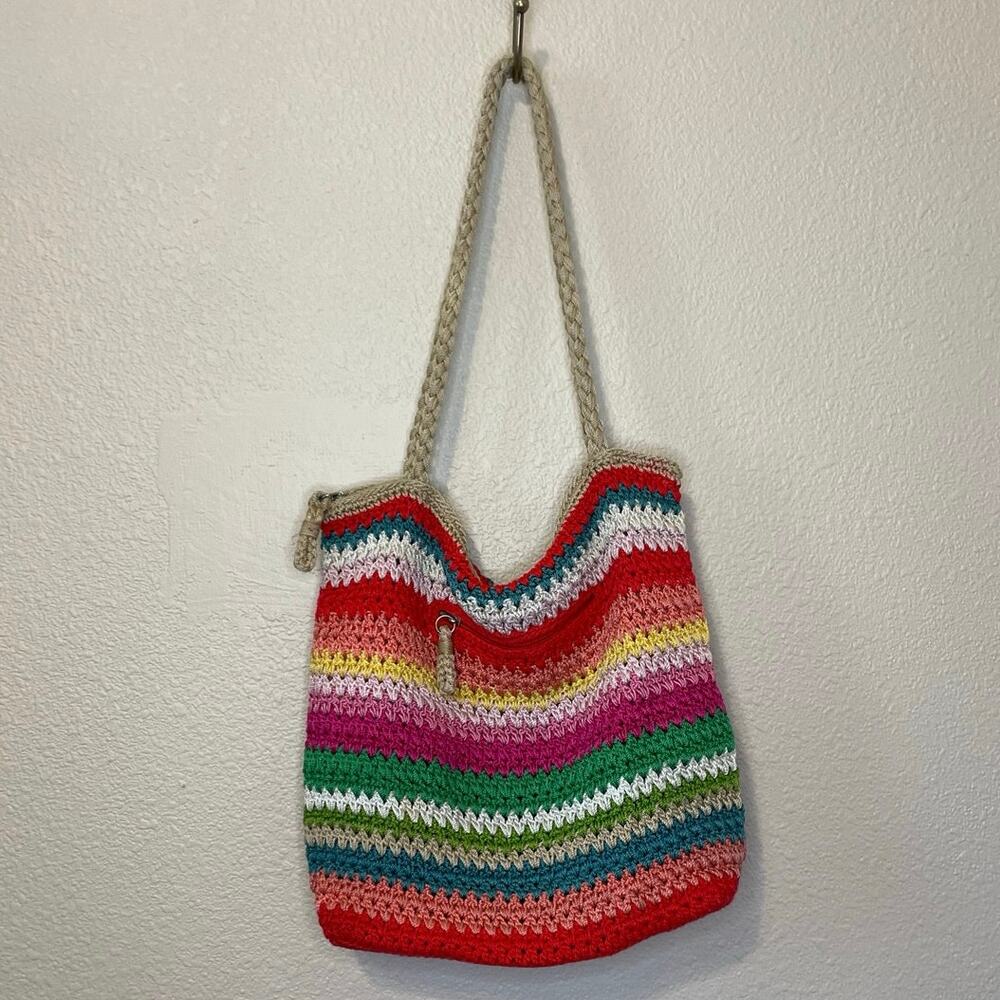 The Sak Boho Multicolor Striped Crochet Soft Crossbody Zip Closure Purse Handbag - Picture 4 of 15